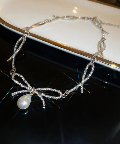 Chic Silk Alloy Zircon Bow Pearl Pendant Necklace