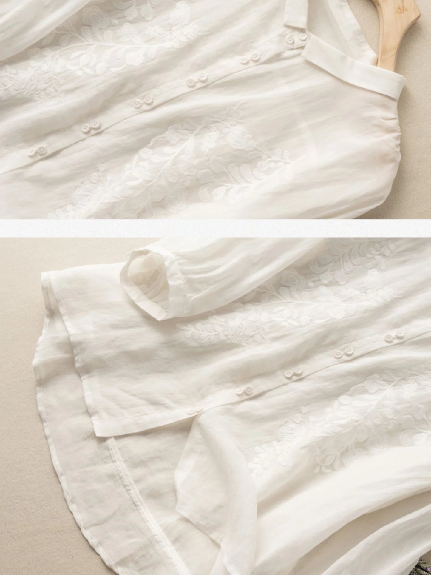 Embroidered 3/4 Sleeve Casual Linen Shirt Top