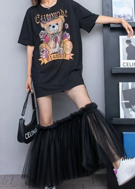 Black Cotton T Shirt Tops And Tulle Skirts Two Pieces Set O-Neck Wrinkled Summer