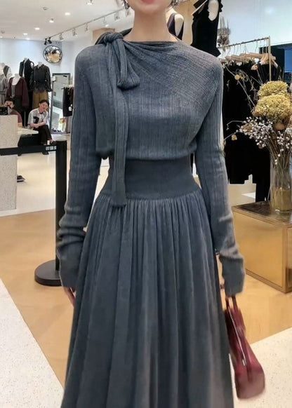 Stylish Grey Neck Knit Top And Maxi Skirts Two Pieces Set Winter