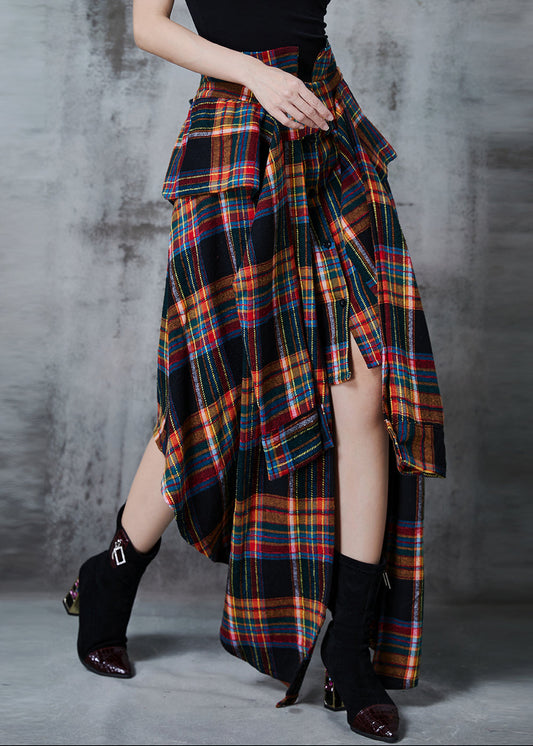 Handmade Brown Asymmetrical Plaid Cotton Skirts Spring