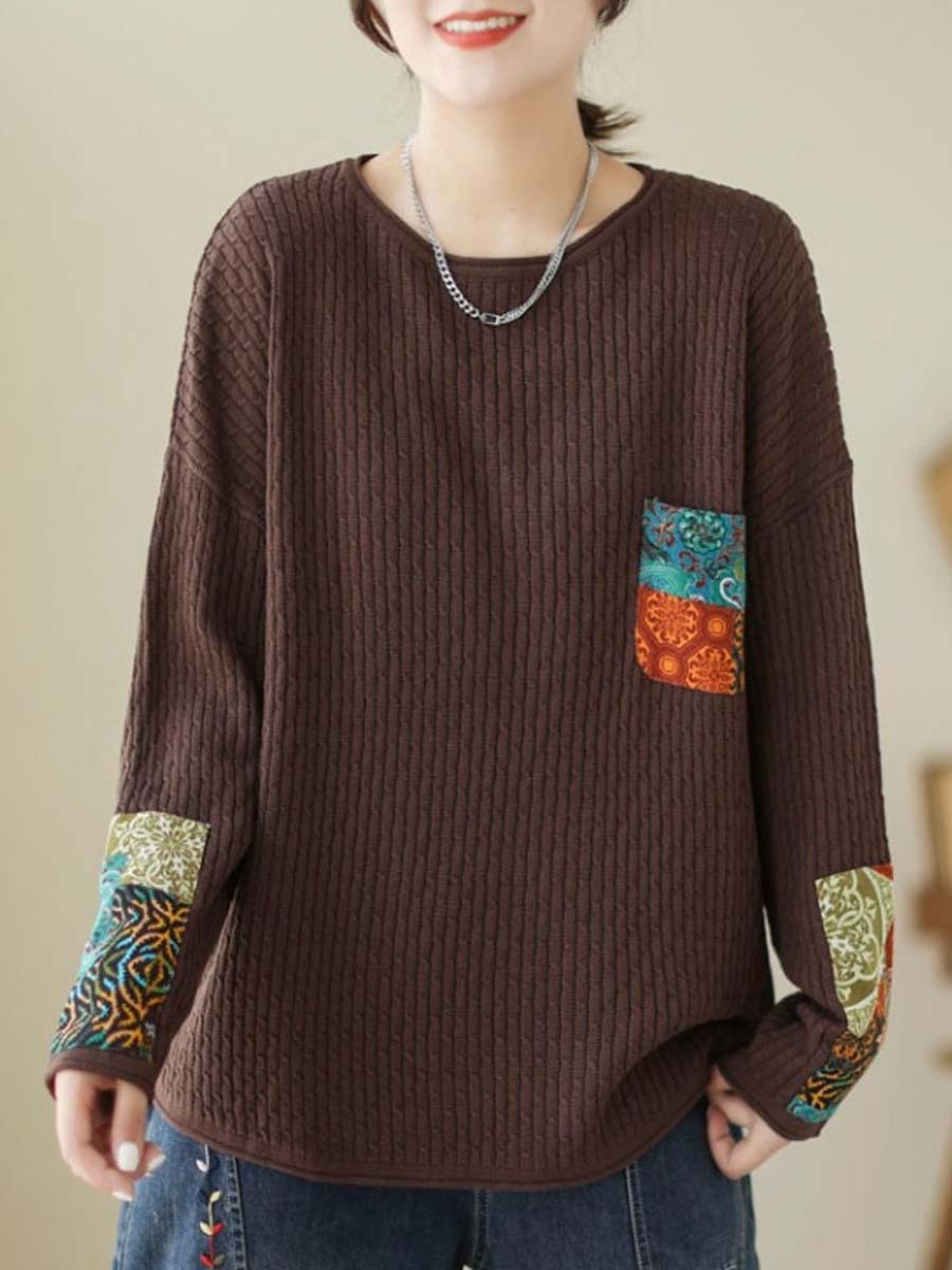 Women Autumn Artsy Knitted Patchwork Loose Sweater