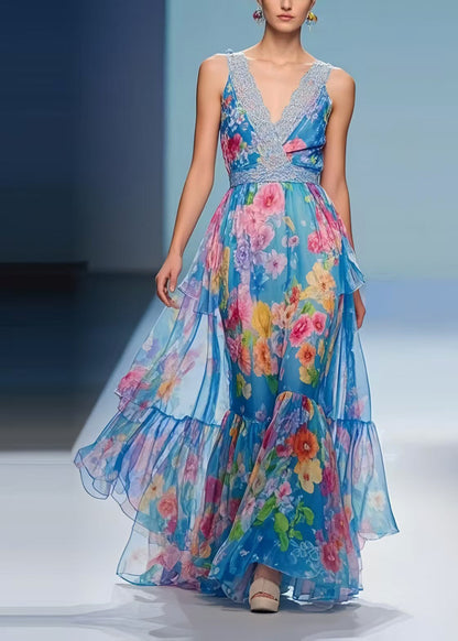 DIY Blue Print Exra Large Hem Chiffon Holiday Dresses Summer