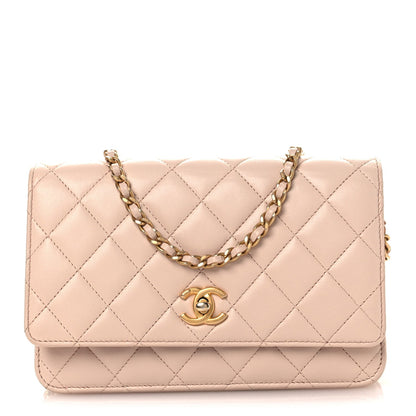 Lambskin Quilted CC Pearl Crush Wallet on Chain WOC Light Pink