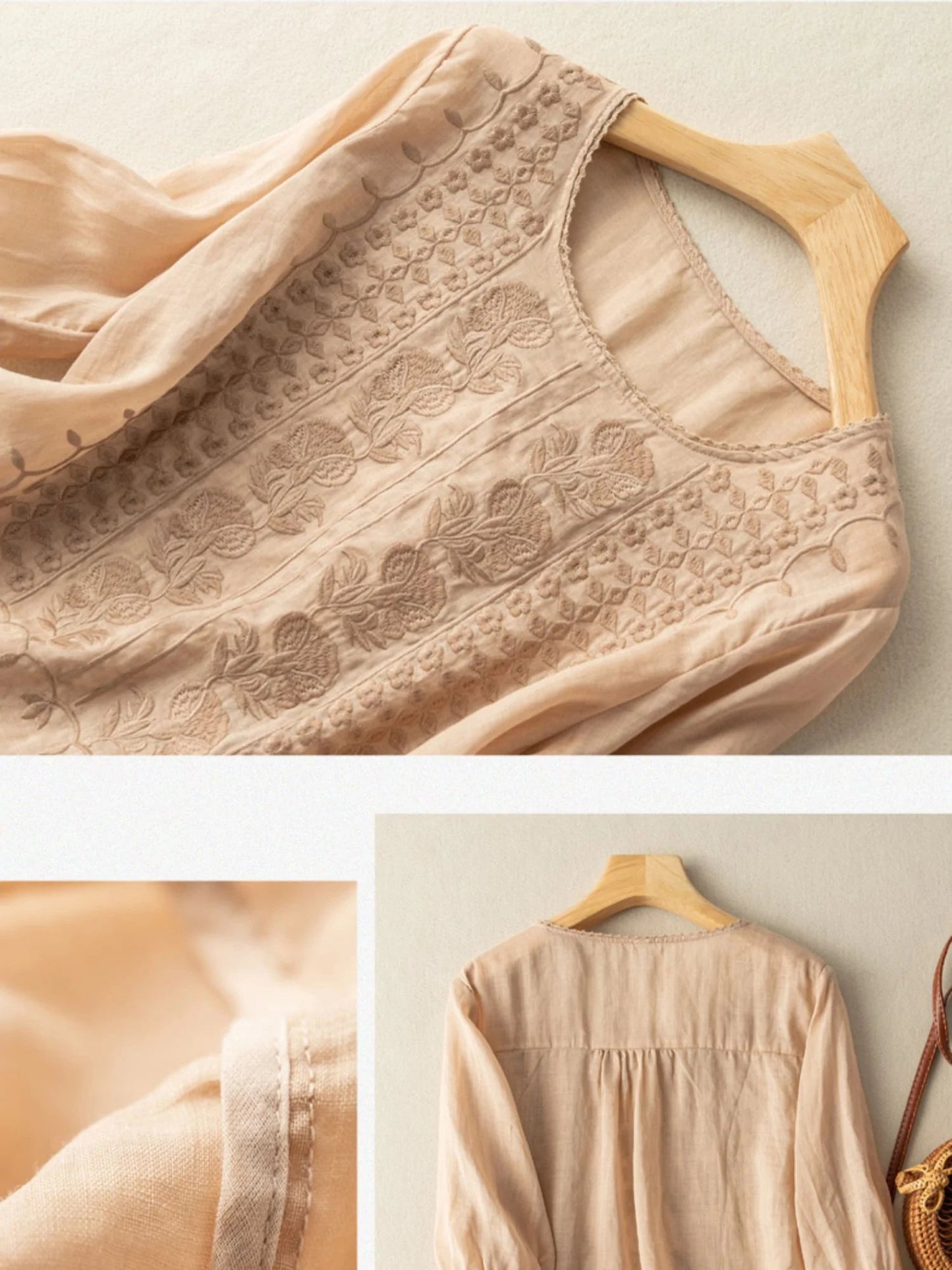 Embroidered Round Neck Half Sleeve Casual Linen Tee Top