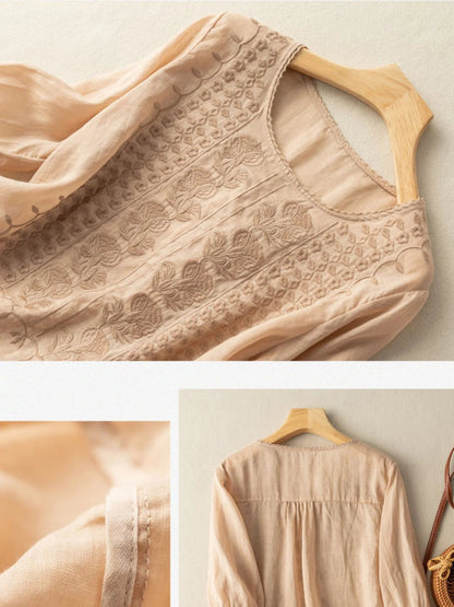 Embroidered Round Neck Half Sleeve Casual Linen Tee Top