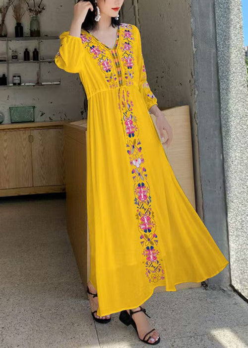 Bohemian Yellow Embroidered Tie Waist Cotton Vacation Dresses Bracelet Sleeve