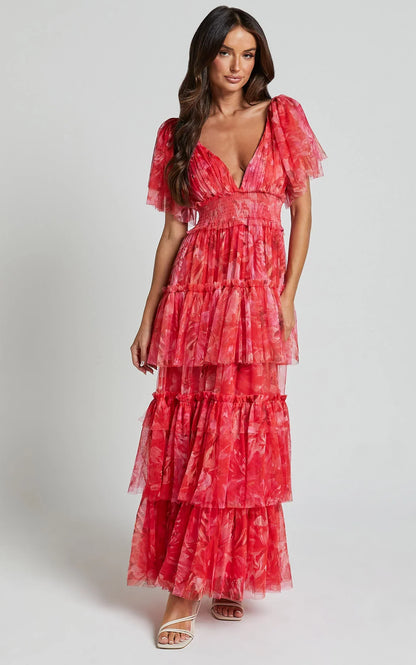 Leianna Midi Dress - Tulle Flutter Sleeve Tiered Ruffle Dress In Sunset Floral