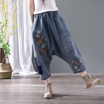 Denim Floral Pocket Low Drop Crotch Embroidered Jeans