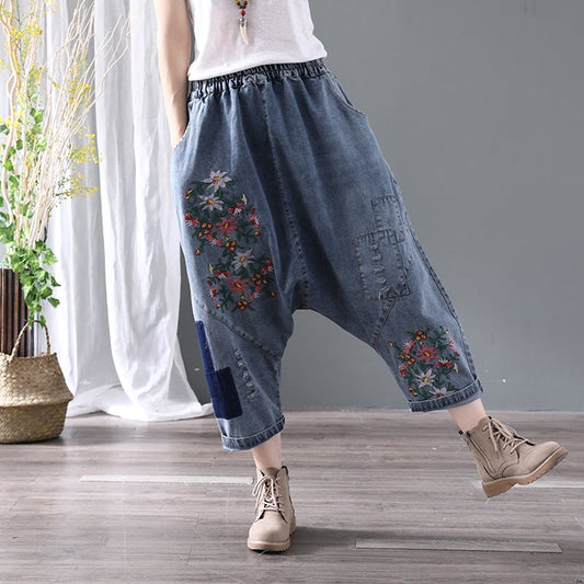 Denim Floral Pocket Low Drop Crotch Embroidered Jeans