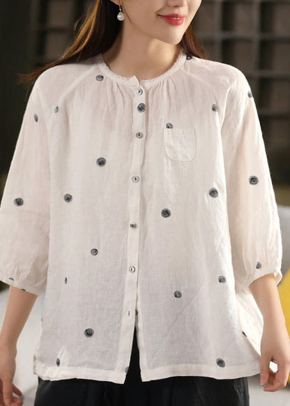 Vintage Black Embroidered Button Linen Blouse Top Summer