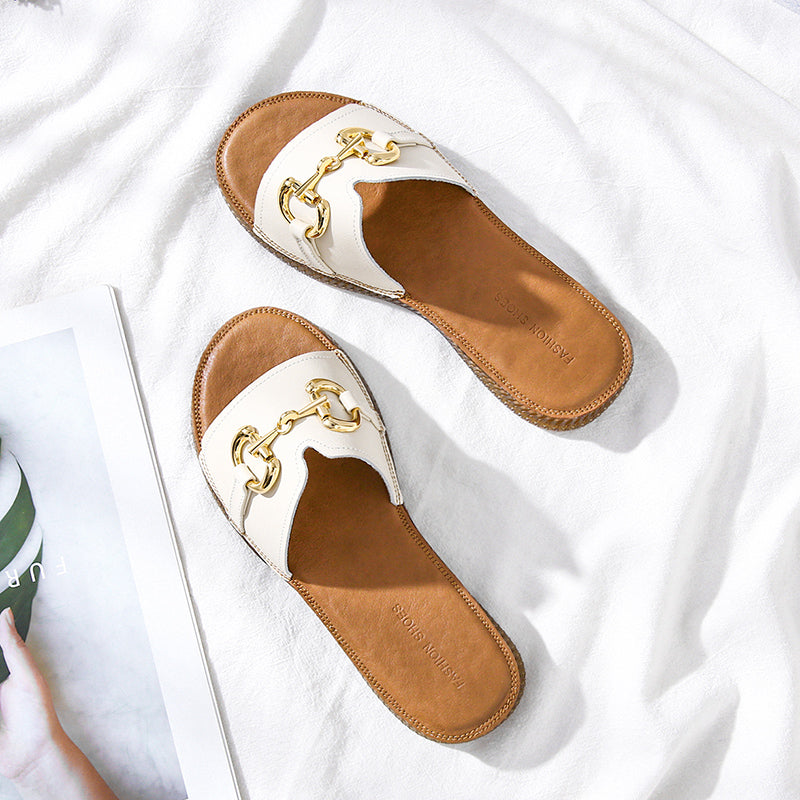 Women Summer Vintage Handmade Cowhide Leather Slippers