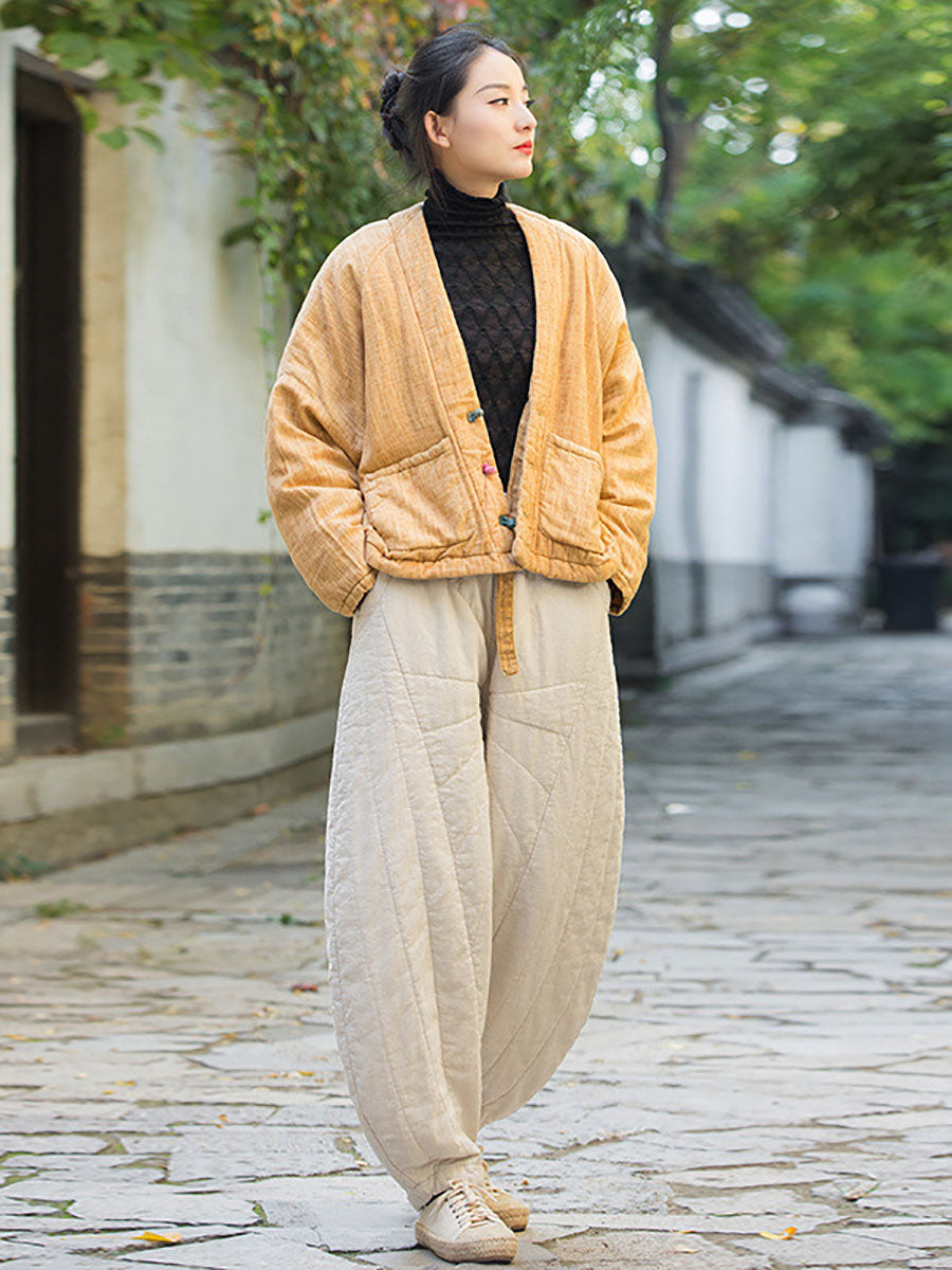 Women Winter Artsy Worn Solid Button Pocket Linen Coat