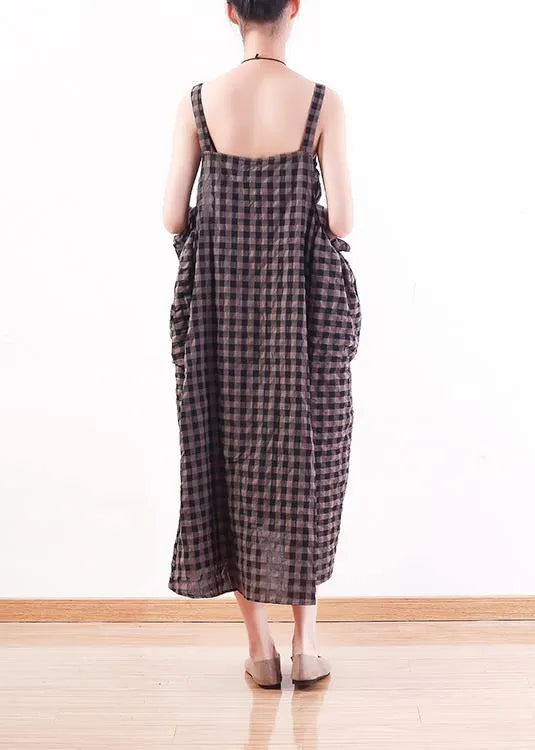 French gray Plaid cotton Long Shirts Omychic design Spaghetti Traveling Summer Dresses