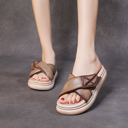 Sheepskin Leather Women 2022 Velcro Tape Flat Slippers