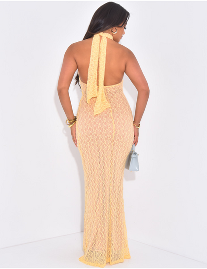 Sexy Halter Sleeveless Slim Lace Solid Color Dress