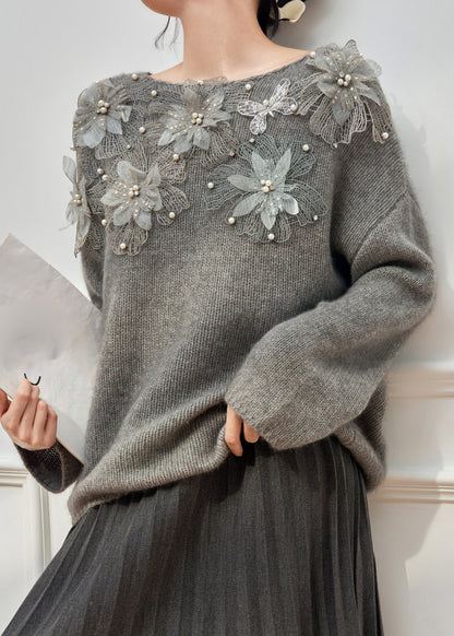 Original Grey O Neck Floral Pearl Knit Cardigan Winter