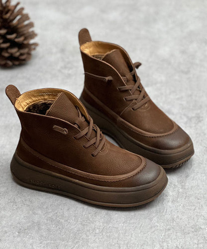 Unique Cross Strap Platform Boots Warm Fleece Coffee Cowhide Leather