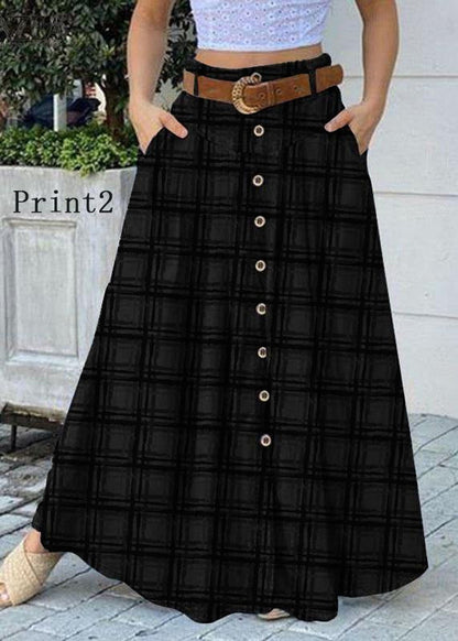 Women Solid Color Print2 Bottom Front Loose Casual Long Skirt With Pocket