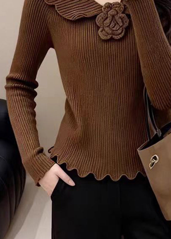 Vintage Coffee Peter Pan Collar Floral Solid Cotton Knit Sweater Spring