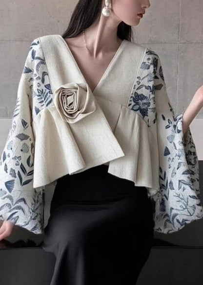 Natural Colorblock V Neck Print Patchwork Floral Tops Flare Sleeve