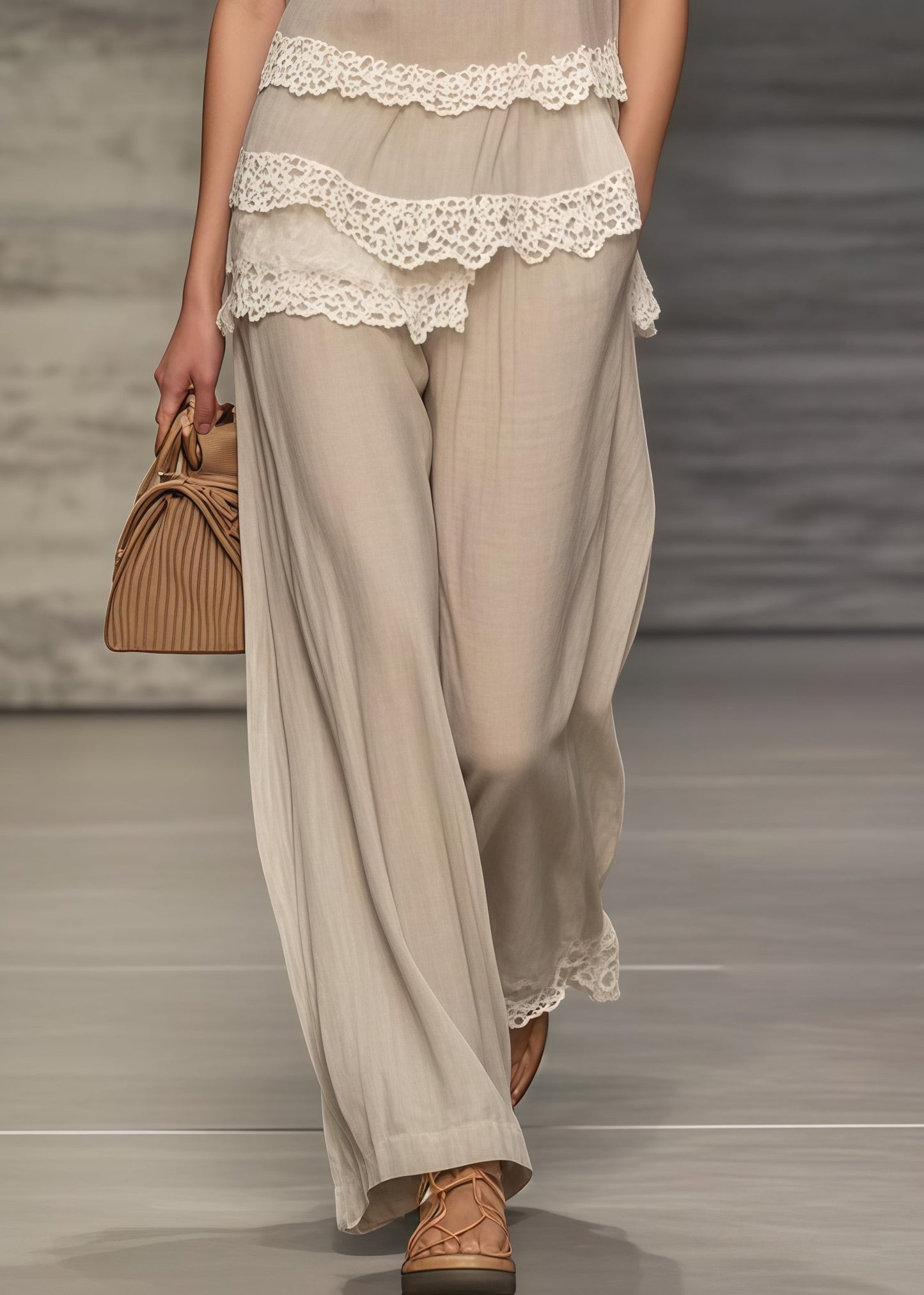 Women Khaki Asymmetrical Patchwork Lace Two Pieces Set Summer