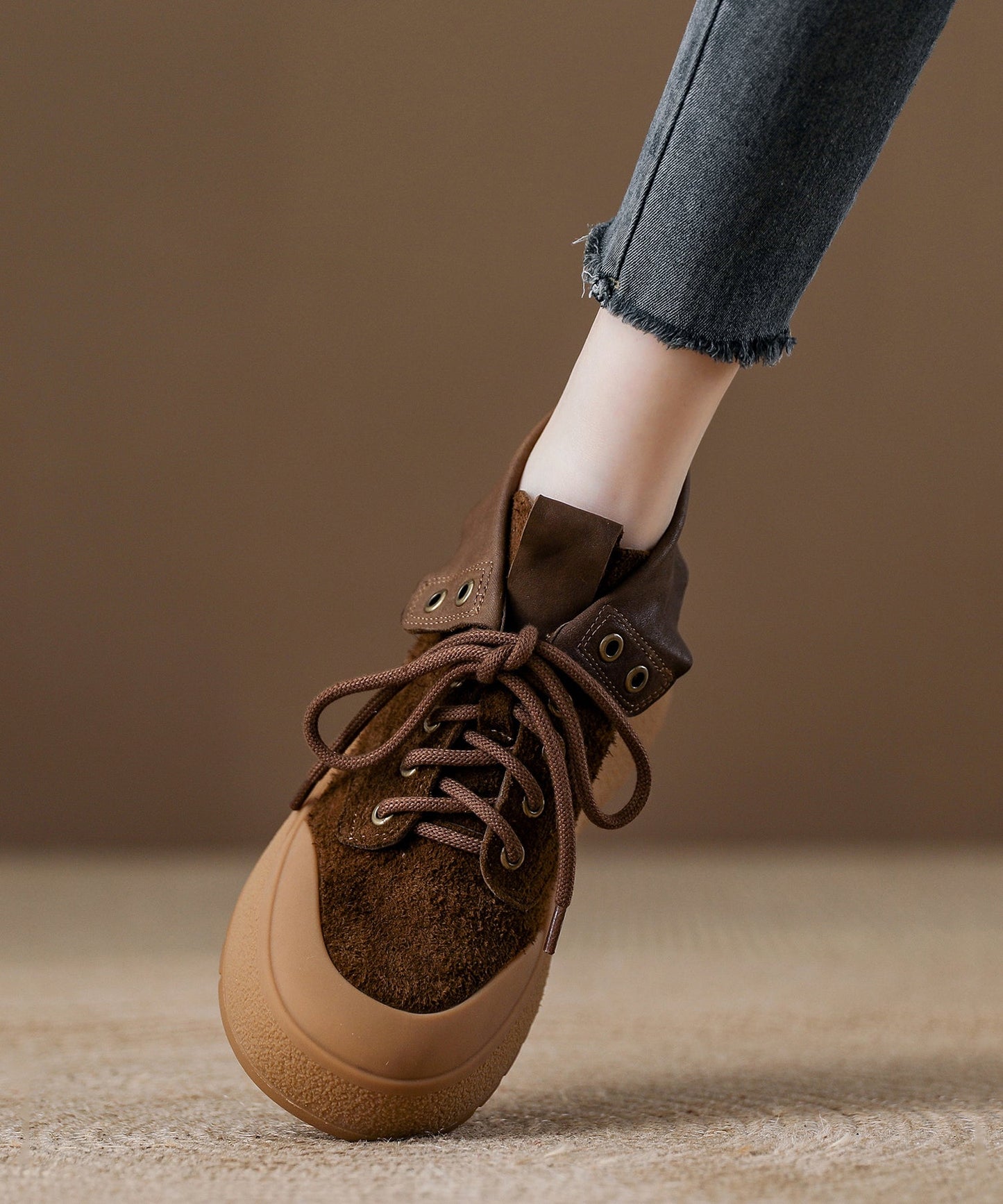 Fashion Khaki Suede Lace Up Splicing Boots