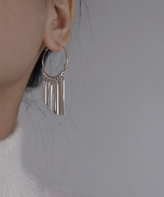 Brief Silk 925 Silver Waterfall Tassel Hoop Earrings