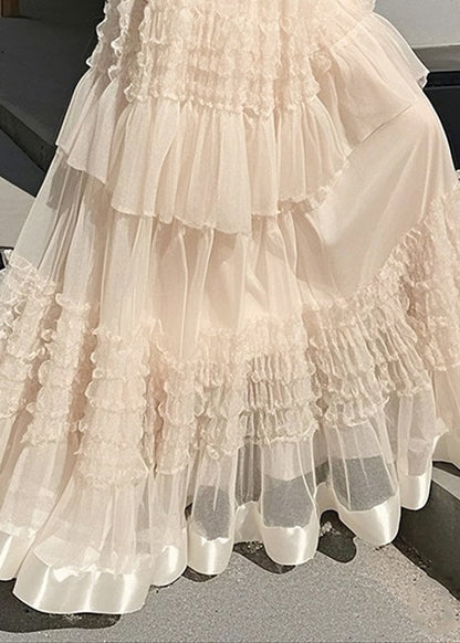 Art Apricot Ruffled Solid Elastic Waist Chiffon Skirts Summer