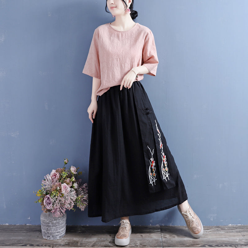 Cozy Retro Loose Cotton Linen Embroidery Skirt