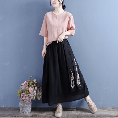 Cozy Retro Loose Cotton Linen Embroidery Skirt