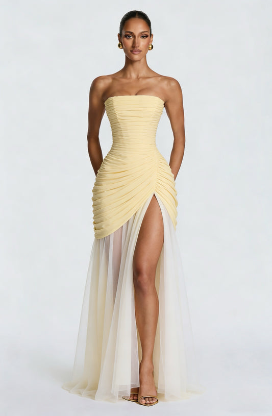 Butter Yellow Strapless Ruched High-Slit Tulle Maxi Gown
