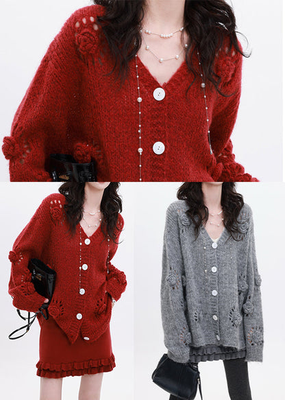 Grey Stereoscopic Floral Knit Loose Coat Oversized Winter