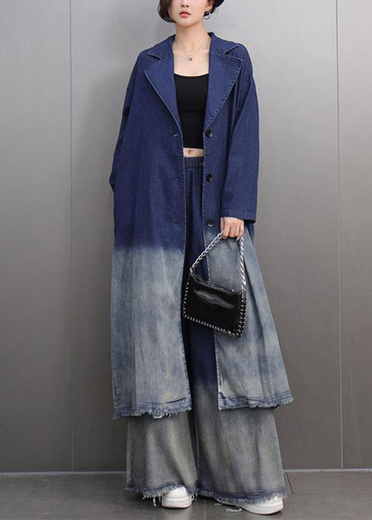 Gradient Color Navy Notched Denim Long Trench Coats And Wide Leg Pants Two Pieces Set Fall