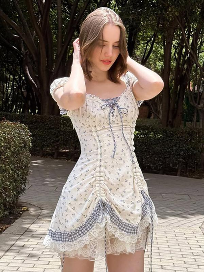 French Countryside Floral Ruched Puff Sleeve Dress | Girly Lace Trim Mini Dress
