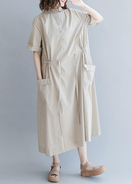 Chic Drawstring Cotton Summer Clothes For Women Runway Khaki long Dresses