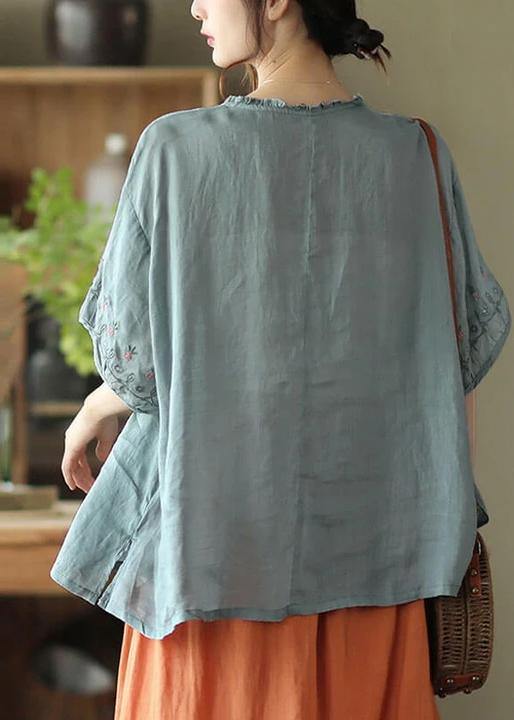 Women Green Floral Draped Ramie O-neck Embroidered Split T-shirt