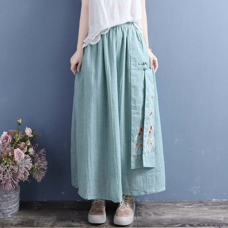 Cozy Retro Loose Cotton Linen Embroidery Skirt