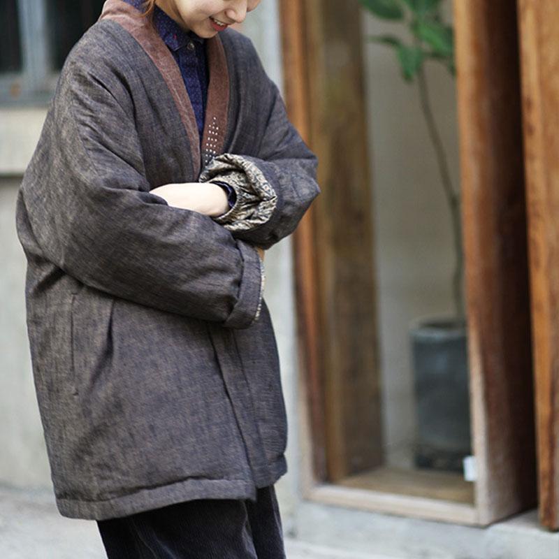 Autumn Winter Linen Retro Patchwork Lacing Coat