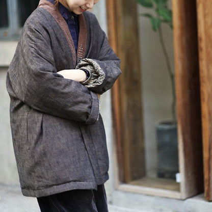 Autumn Winter Linen Retro Patchwork Lacing Coat