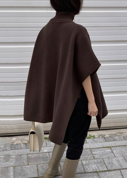 Grey Side Open Solid Knit Cape Style Sweater Turtleneck Batwing Sleeve
