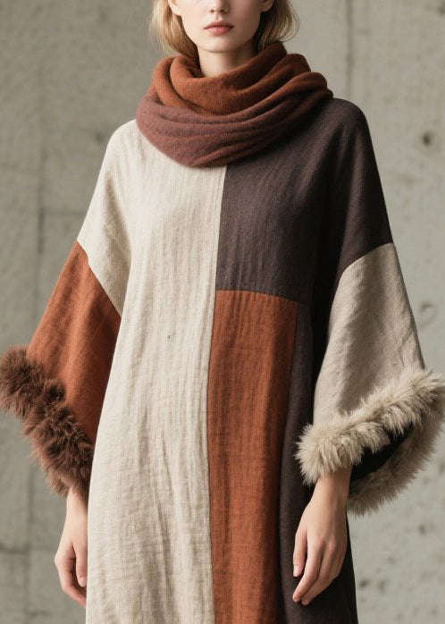 Boho Mixed Color Oversized Patchwork Faux Fur Ankle Dress Flare Sleeve