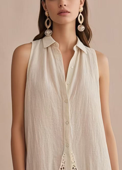 Women White Peter Pan Collar Patchwork Linen Shirts Sleeveless