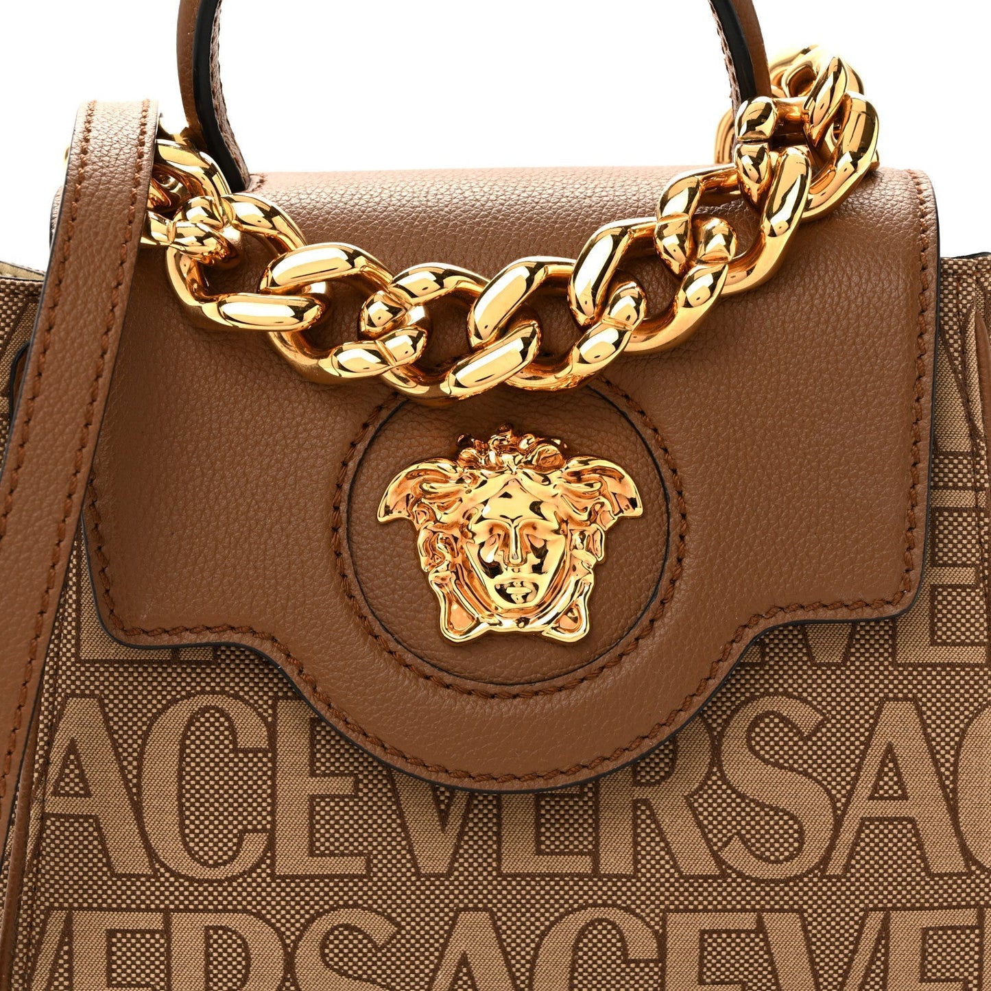 Calfskin Canvas Allover La Medusa Small Top Handle Handbag Brown