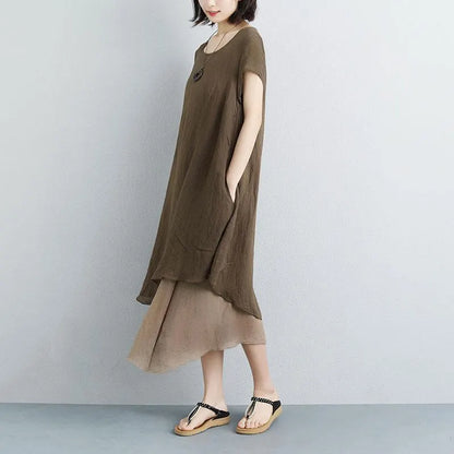 fine long cotton dresses plus size False Two-piece Short Sleeve Coffee Plain Dress