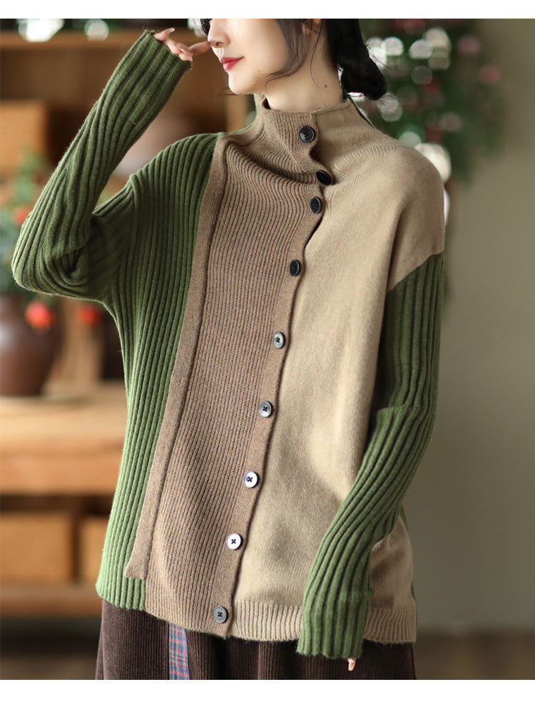 Color-Block Long-Sleeved Knitted Elastic Slim Sweater