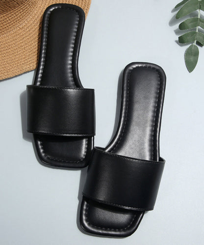 Black Faux Leather Fashion Slide Sandals Peep Toe
