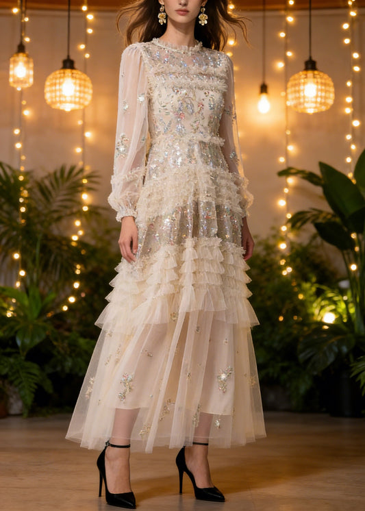 Elegant Apricot Embroidered Ruffled Patchwork Tulle Long Dresses Spring