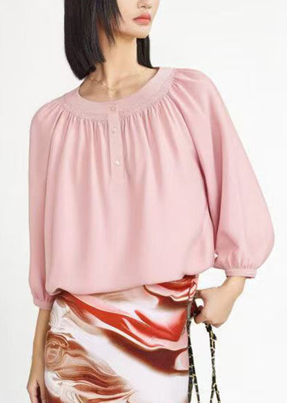 Organic Pink O-Neck Wrinkled Shirts Half Sleeve
