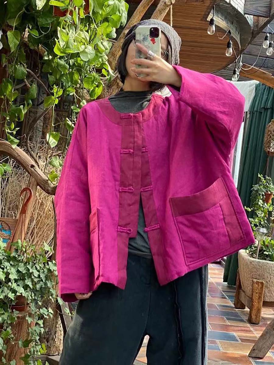 Women Vintage 100%Linen Solid Button Short Coat